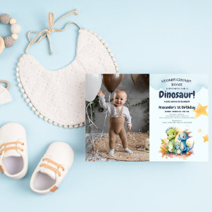 Dinosaur Stomp Chomp Rawr 1st Birthday Party Boy Kaart