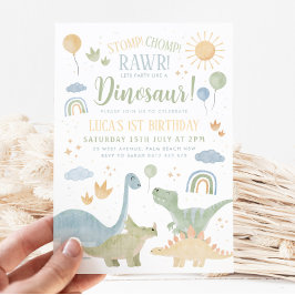 Dinosaur Stomp Chomp Rawr 1st Birthday Party Boy Kaart
