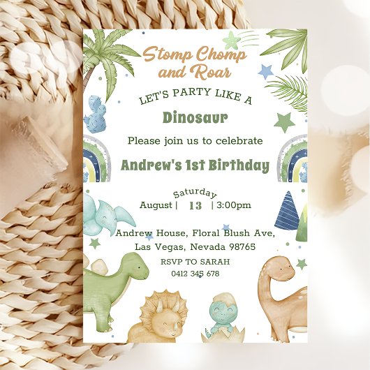 Dinosaur Stomp Chomp Rawr 1st Birthday Party Boy Kaart