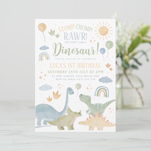 Dinosaur Stomp Chomp Rawr 1st Birthday Party Boy Kaart (Staand voorkant)