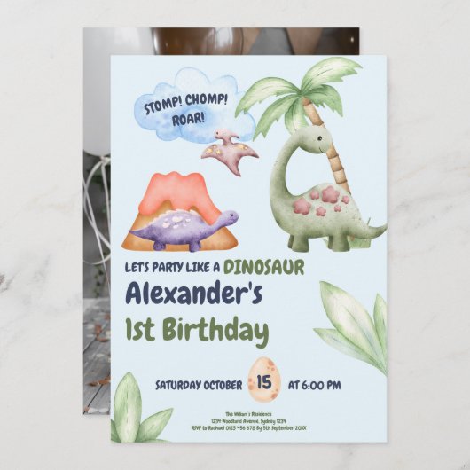 Dinosaur Stomp Chomp Rawr 1st Birthday Party Boy Kaart (Voorkant / Achterkant)