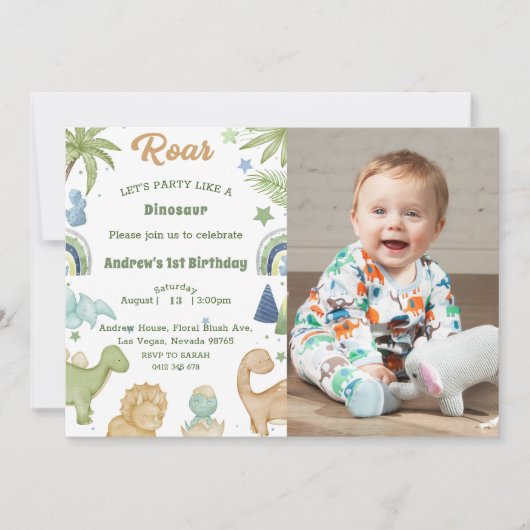 Dinosaur Stomp Chomp Rawr 1st Birthday Party Boy Kaart (Voorkant)