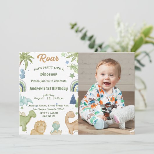 Dinosaur Stomp Chomp Rawr 1st Birthday Party Boy Kaart (Staand voorkant)