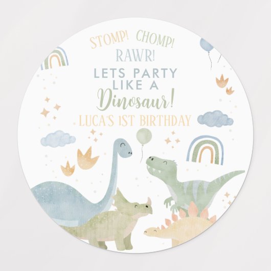 Dinosaur Stomp Chomp Rawr 1st Birthday Party Boy Labels (Design 2)