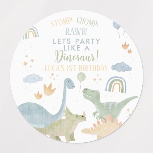 Dinosaur Stomp Chomp Rawr 1st Birthday Party Boy Labels (Design 1)
