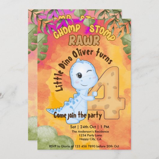 Dinosaur Stomp Chomp Rawr 4e verjaardagsfeestje Kaart (Voorkant / Achterkant)