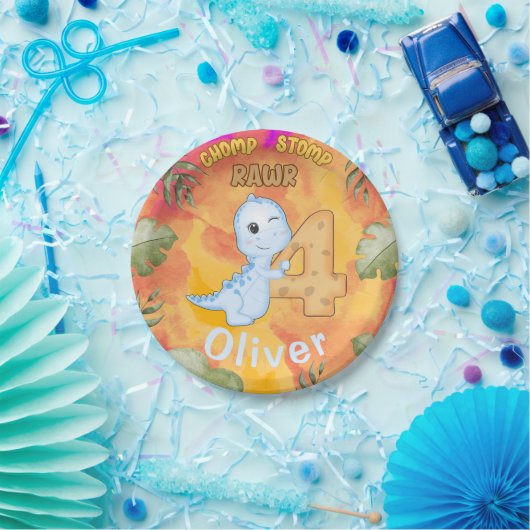 Dinosaur Stomp Chomp Rawr 4e verjaardagsfeestje Papieren Bordje (Feest)