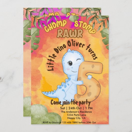 Dinosaur Stomp Chomp Rawr 5e verjaardagsfeestje Kaart (Voorkant / Achterkant)