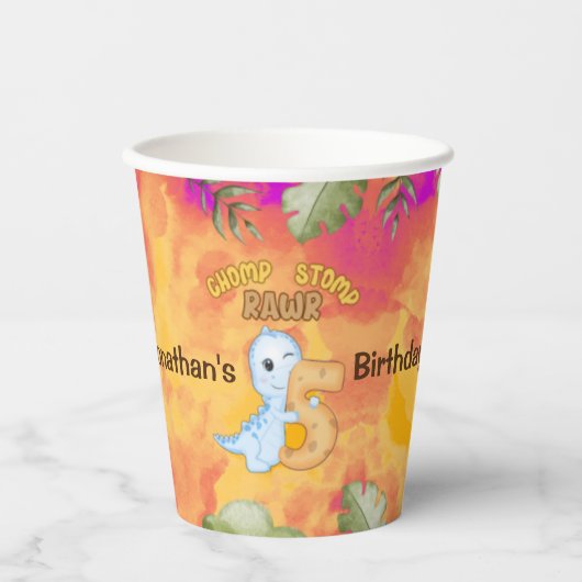 Dinosaur Stomp Chomp Rawr 5e verjaardagsfeestje Papieren Bekers (Voorkant)