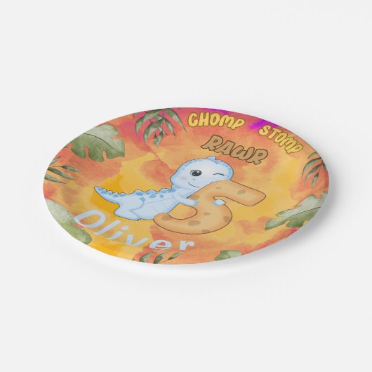Dinosaur Stomp Chomp Rawr 5e verjaardagsfeestje Papieren Bordje (Gekanteld)