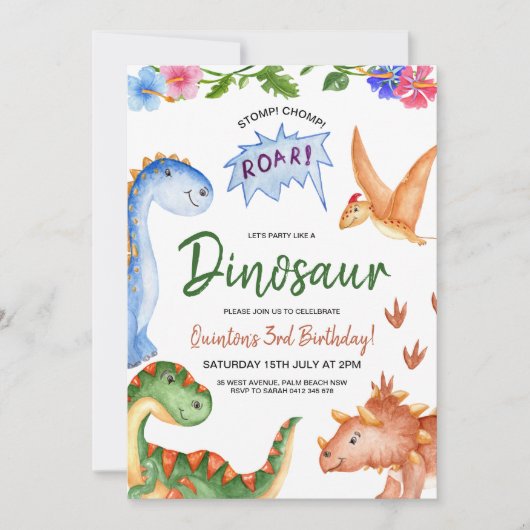 Dinosaur Stomp Chomp Rawr Verjaardagsfeest Kaart (Voorkant)