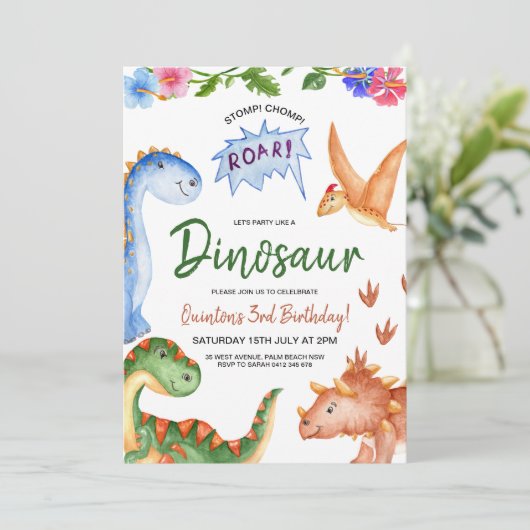 Dinosaur Stomp Chomp Rawr Verjaardagsfeest Kaart (Staand voorkant)