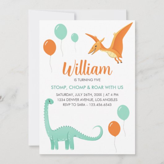 Dinosaur Stomp Chomp Rawr Verjaardagsfeestje Jonge Kaart (Voorkant)