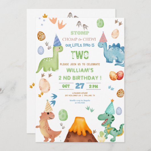 Dinosaur Stomp Chomp Rawr Verjaardagsfeestje Jonge Kaart (Voorkant / Achterkant)
