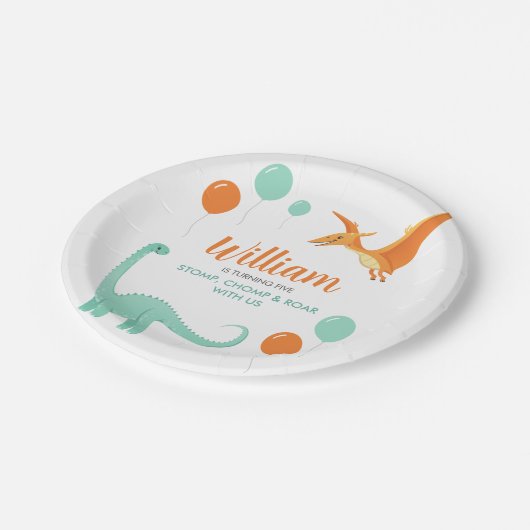 Dinosaur Stomp Chomp Rawr Verjaardagsfeestje Jonge Papieren Bordje (Gekanteld)