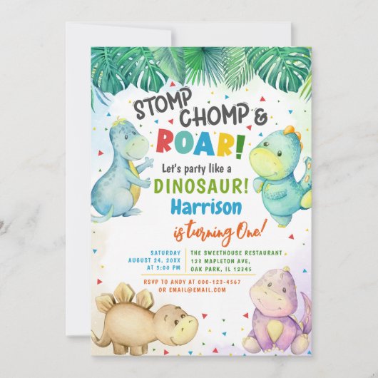 Dinosaur Stomp Chomp & Roar! 1e verjaardag jongen Kaart (Voorkant)