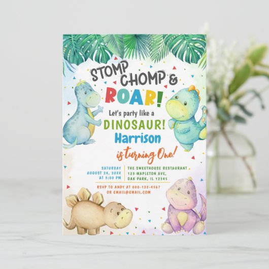 Dinosaur Stomp Chomp & Roar! 1e verjaardag jongen Kaart (Staand voorkant)