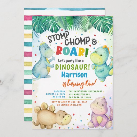 Dinosaur Stomp Chomp & Roar! 1e verjaardag jongen Kaart (Voorkant / Achterkant)