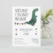 Dinosaur Stomp Chomp Roar 1st Birthday Kaart (Staand voorkant)