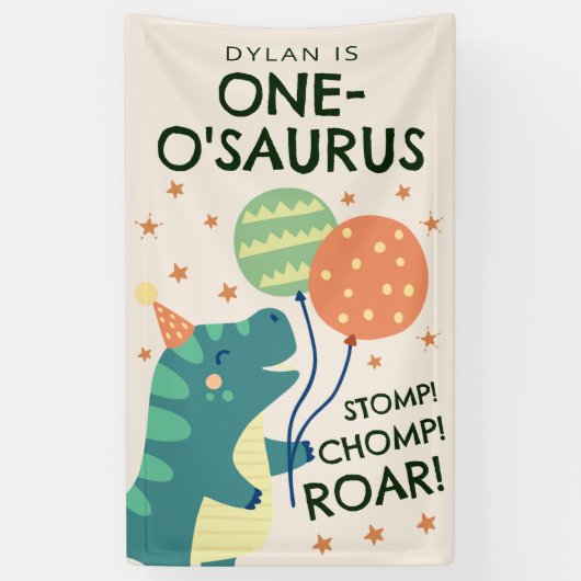 Dinosaur Stomp Chomp Roar 1st Birthday Spandoek (Verticaal)