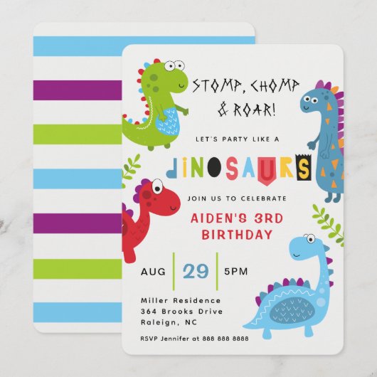 Dinosaur Stomp Chomp Roar Kids Verjaardag Uitnodig Kaart (Voorkant / Achterkant)