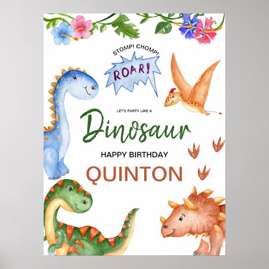 Dinosaur Stomp Chomp Roar Verjaardagsfeest Poster (Voorkant)