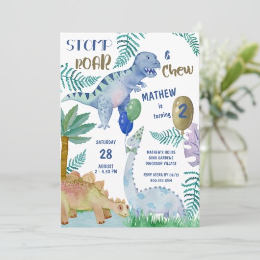 Dinosaur Stomp Roar en Chew Boys Verjaardagsfeest Kaart (Staand voorkant)