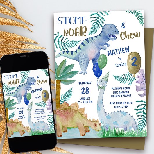 Dinosaur Stomp Roar en Chew Boys Verjaardagsfeest Kaart
