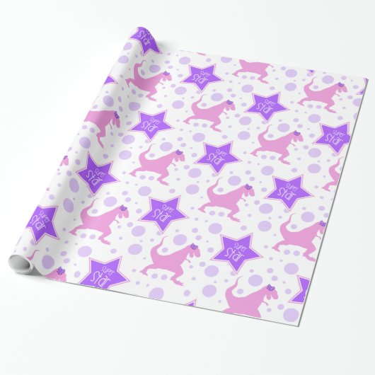 Dinosaur Super Star Wrapping Paper | Roze en Paars Cadeaupapier (Uitgerold)