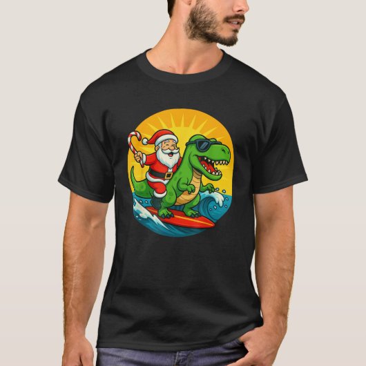 Dinosaur Surfs with Santa Kids Christmas in July H T-shirt (Voorkant)