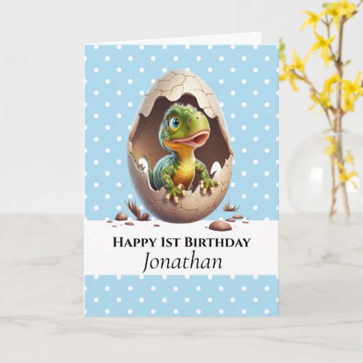 Dinosaur T Rex 1st Birthday baby Blue Kaart (Gele Bloem)