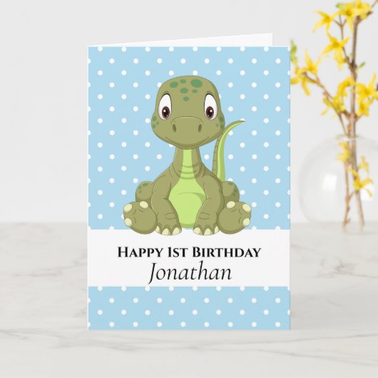 Dinosaur T Rex 1st Blue Birthday Kaart (Gele Bloem)