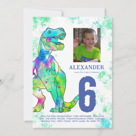 Dinosaur T-Rex 6e Verjaardagsfeest Waterverf Kaart (Voorkant)