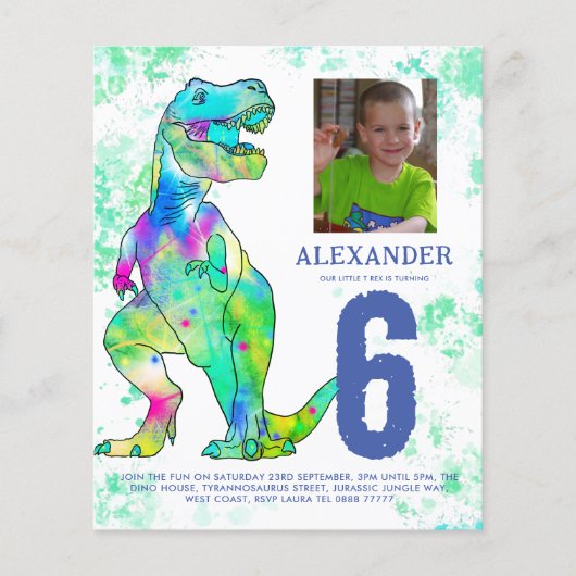 Dinosaur T Rex Birthday Party Fotobudget Flyer (Voorkant)