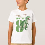 Dinosaur T Rex Birthday T-shirt<br><div class="desc">Een gedurfde dinosaurus T Rex met een vliegend t-shirt van de jongen van Pterodactyls. Geweldig voor de leeftijd 1-9. Vetgroene waterverf dinosaurus. Voeg je naam en leeftijd toe.</div>