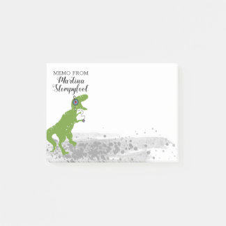 Dinosaur t-rex danskoptelefoons na het briefje post-it® notes