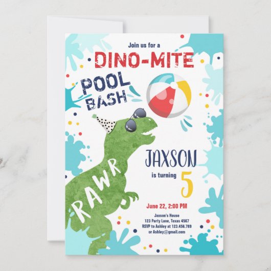 Dinosaur T-Rex Dino Mite Pool Bash Boy Blue Party Kaart (Voorkant)