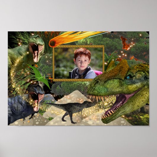 Dinosaur T-rex DIY-fotojongens meteorietvlammen Poster (Voorkant)