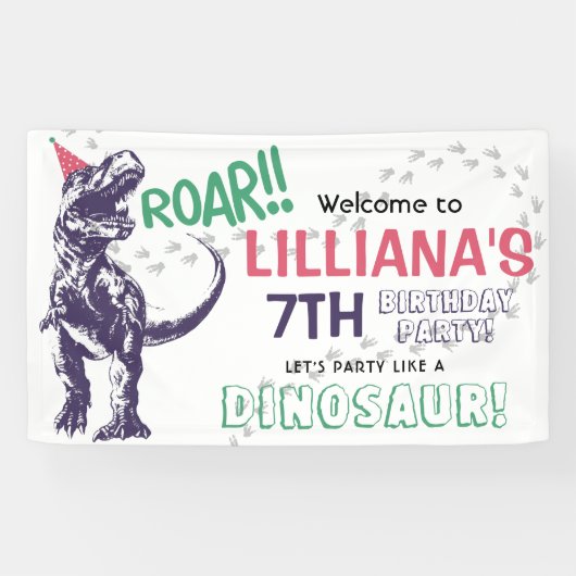 Dinosaur T-Rex Girls Birthday Party Welcome Spandoek (Horizontaal)