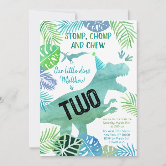 Dinosaur T-Rex Greenery Second Birthday Kaart (Voorkant)