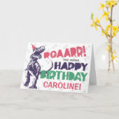 Dinosaur T-Rex in een Pet Pink Happy Birthday Kaart (Gele Bloem)