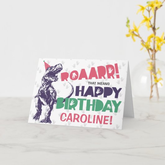 Dinosaur T-Rex in een Pet Pink Happy Birthday Kaart (Gele Bloem)