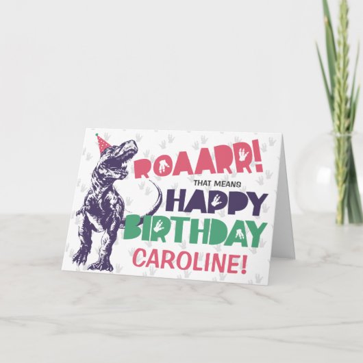 Dinosaur T-Rex in een Pet Pink Happy Birthday Kaart (Voorkant)