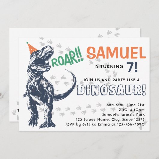 Dinosaur T-Rex in Party Pet Birthday Party Kaart (Voorkant / Achterkant)