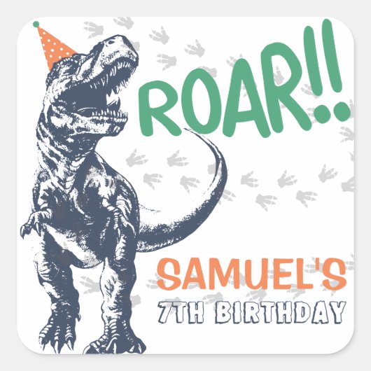 Dinosaur T-Rex in Party Pet Birthday Party Vierkante Sticker (Voorkant)