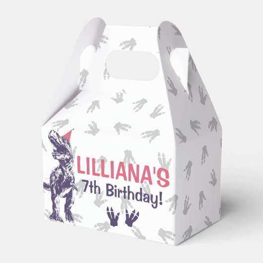 Dinosaur T-Rex in Party Pet Pink & Paarse Birthday Bedankdoosjes (Voorkant Zijde)