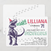 Dinosaur T-Rex in Party Pet Pink & Paarse Birthday Kaart (Voorkant / Achterkant)