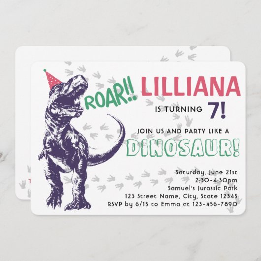 Dinosaur T-Rex in Party Pet Pink & Paarse Birthday Kaart (Voorkant / Achterkant)