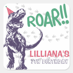 Dinosaur T-Rex in Party Pet Pink & Paarse Birthday Vierkante Sticker
