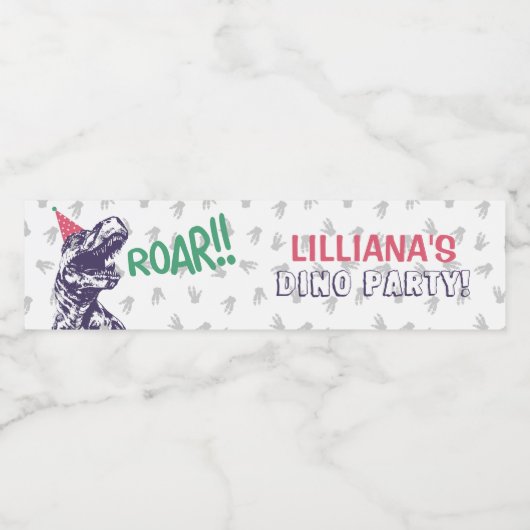 Dinosaur T-Rex in Party Pet Pink & Paarse Birthday Waterfles Etiket (Enkel label)